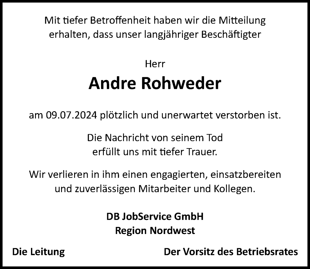  Traueranzeige für Andre Rohweder vom 27.07.2024 aus Hamburger Abendblatt