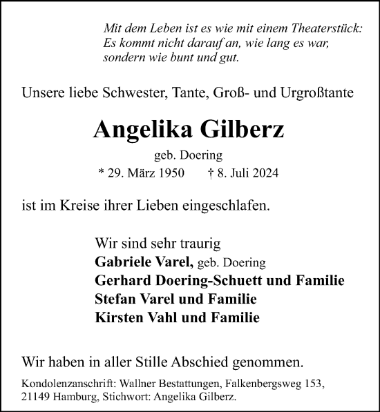 Traueranzeige von Angelika Gilberz von Hamburger Abendblatt