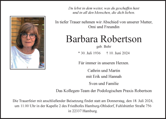 Traueranzeige von Barbara Robertson von Hamburger Abendblatt