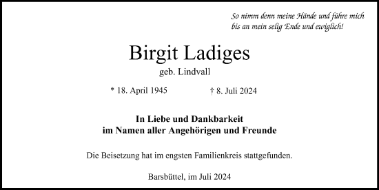 Traueranzeige von Birgit Ladiges von Hamburger Abendblatt