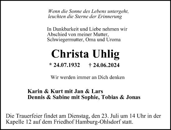Traueranzeige von Christa Uhlig von Hamburger Abendblatt