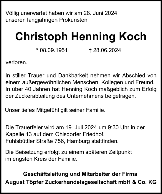 Traueranzeige von Christoph Henning Koch von Hamburger Abendblatt