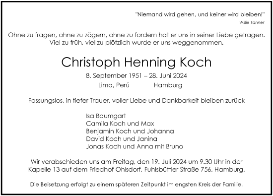 Traueranzeige von Christoph Henning Koch von Hamburger Abendblatt