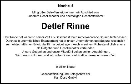 Traueranzeige von Detlef Rinne von Hamburger Abendblatt