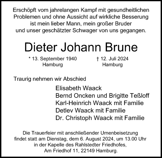 Traueranzeige von Dieter Johann Brune von Hamburger Abendblatt