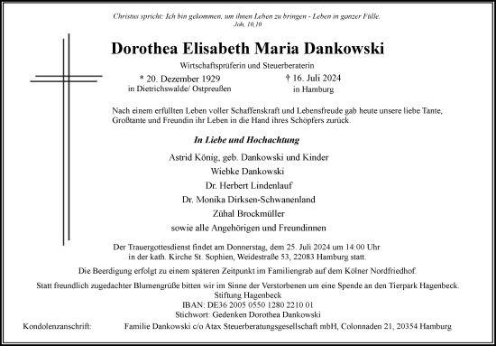 Traueranzeige von Dorothea Elisabeth Maria Dankowski von Hamburger Abendblatt