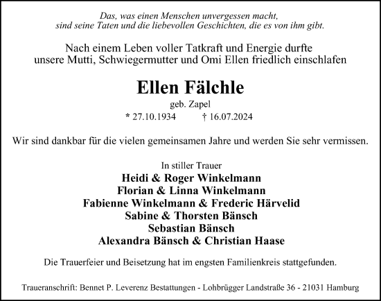 Traueranzeige von Ellen Fälchle von Hamburger Abendblatt