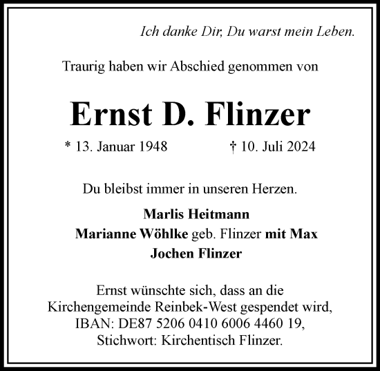 Traueranzeige von Ernst D. Flinzer von Bergedorfer Zeitung
