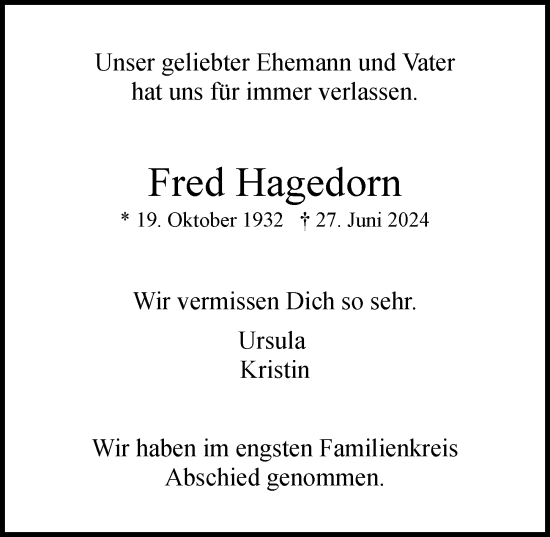 Traueranzeige von Fred Hagedorn von Hamburger Abendblatt