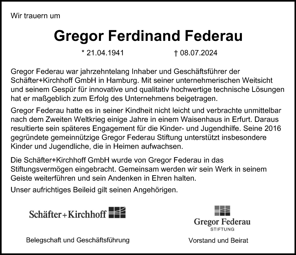  Traueranzeige für Gregor Ferdinand Federau vom 27.07.2024 aus Hamburger Abendblatt