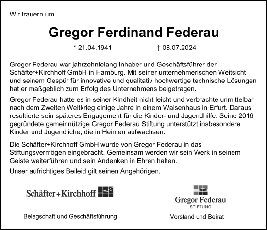 Traueranzeige von Gregor Ferdinand Federau von Hamburger Abendblatt