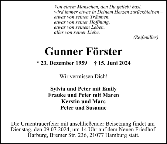 Traueranzeige von Gunner Förster 