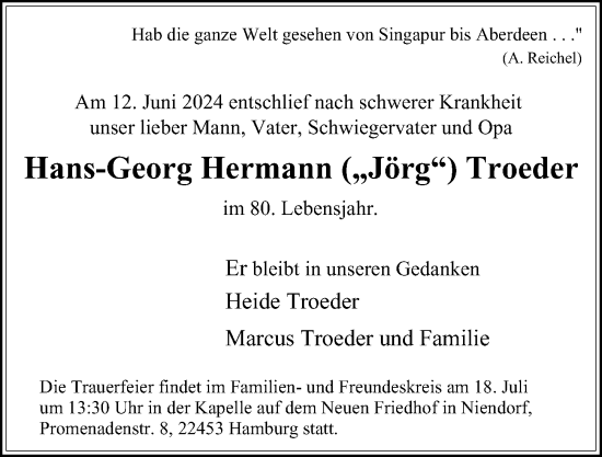 Traueranzeige von Hans-Georg Hermann Jörg Troeder 