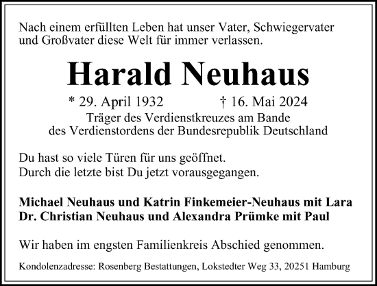 Traueranzeige von Harald Neuhaus von Hamburger Abendblatt