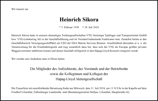 Traueranzeige von Heinrich Sikora von Hamburger Abendblatt