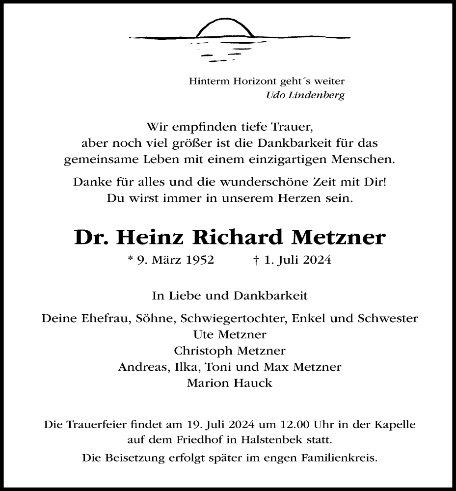  Traueranzeige für Heinz Richard Metzner vom 13.07.2024 aus Hamburger Abendblatt