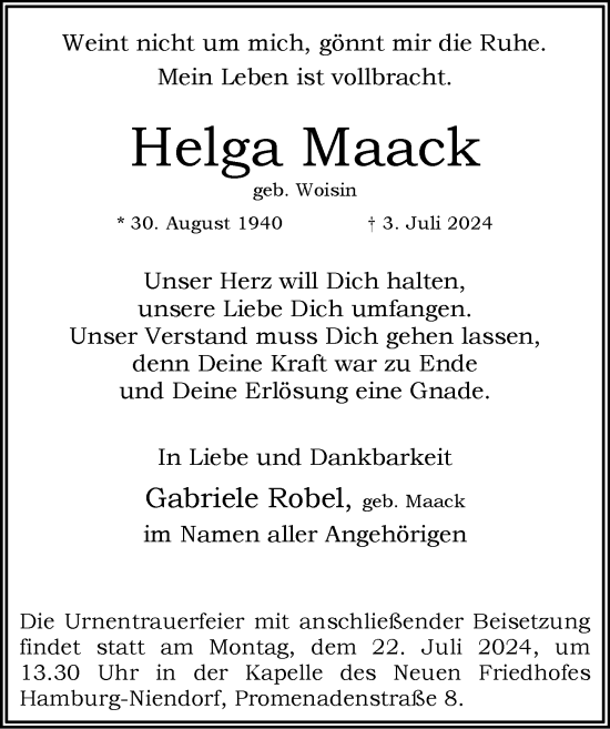 Traueranzeige von Helga Maack 