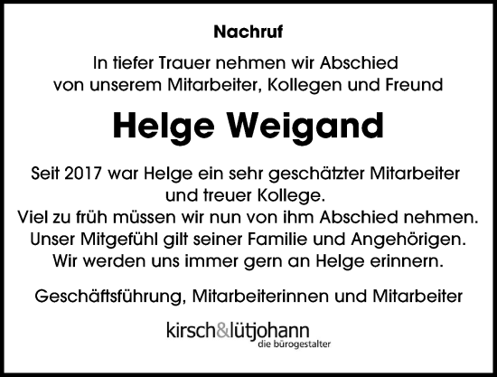 Traueranzeige von Helge Weigand von Hamburger Abendblatt