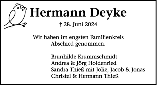 Traueranzeige von Hermann Deyke 
