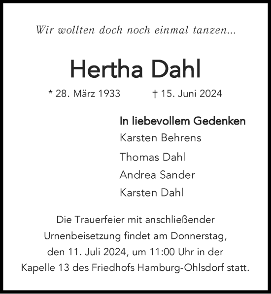 Traueranzeige von Hertha Dahl von Hamburger Abendblatt