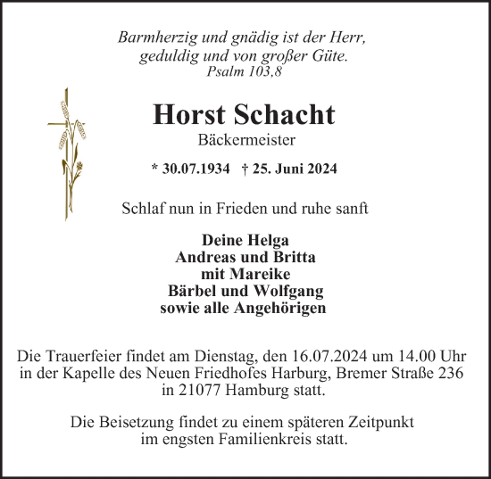 Traueranzeige von Horst Schacht 