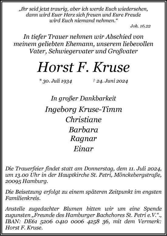 Traueranzeige von Horst F. Kruse von Hamburger Abendblatt