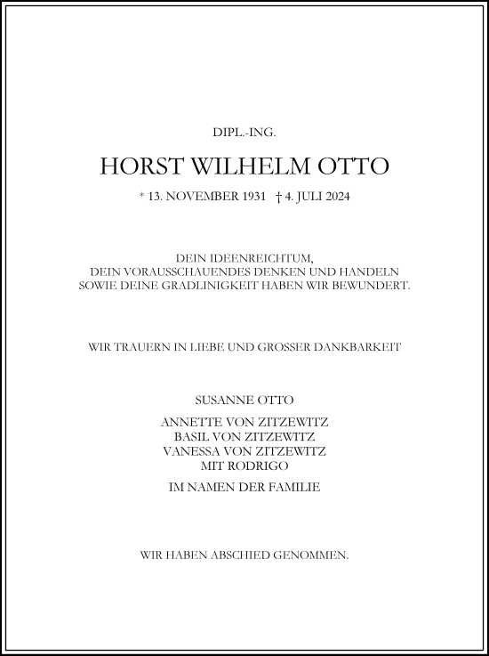 Traueranzeige von Horst Wilhelm Otto von Hamburger Abendblatt