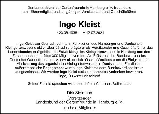 Traueranzeige von Ingo Kleist von Hamburger Abendblatt