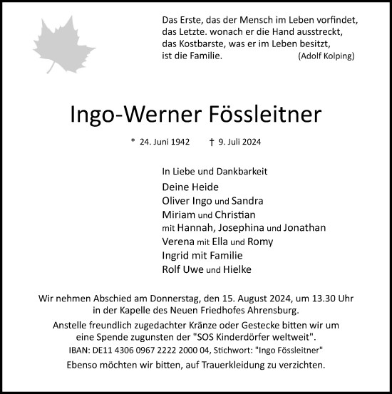 Traueranzeige von Ingo-Werner Fössleitner von Hamburger Abendblatt