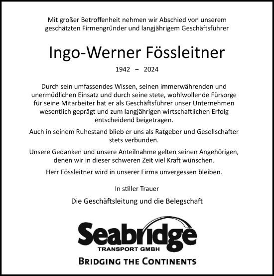 Traueranzeige von IngoWerner Fössleitner von Hamburger Abendblatt