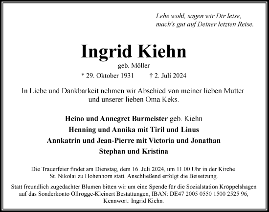 Traueranzeige von Ingrid Kiehn von Bergedorfer Zeitung