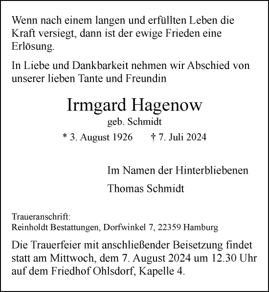 Traueranzeige von Irmgard Hagenow von Hamburger Abendblatt