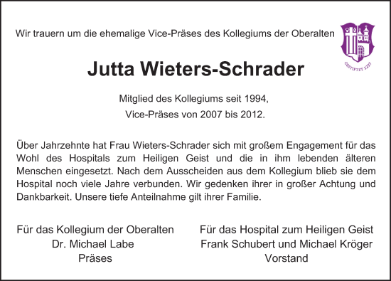 Traueranzeige von Jutta Wieters-Schrader von Hamburger Abendblatt