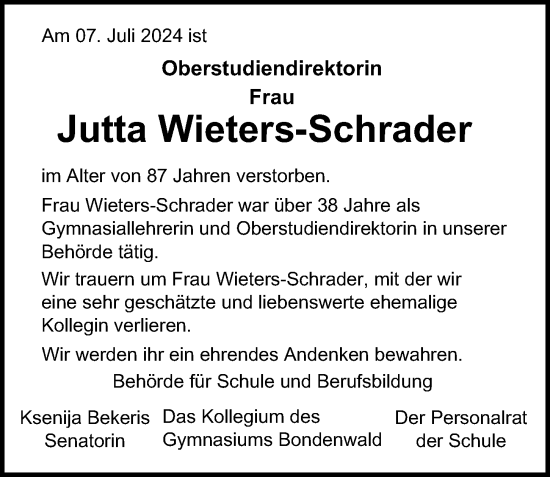 Traueranzeige von Jutta Wieters-Schrader von Hamburger Abendblatt