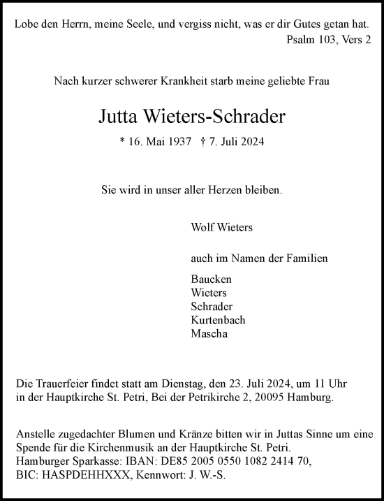 Traueranzeige von Jutta Wieters-Schrader von Hamburger Abendblatt