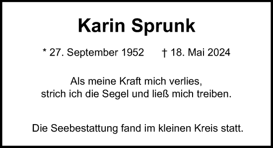 Traueranzeige von Karin Sprunk von Hamburger Abendblatt