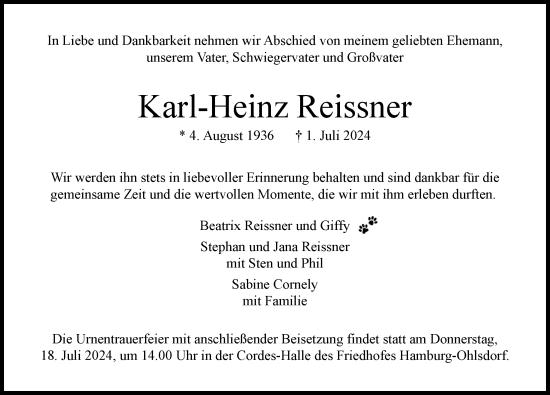 Traueranzeige von Karl-Heinz Reissner von Hamburger Abendblatt