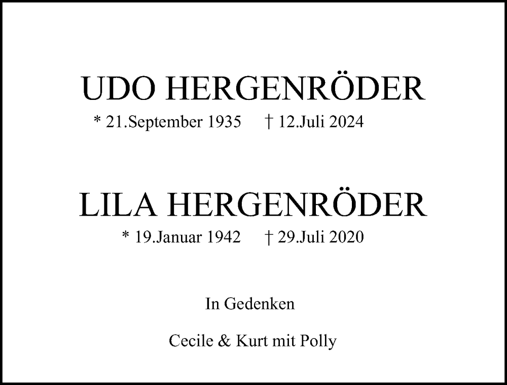  Traueranzeige für Lila Hergenröder vom 20.07.2024 aus Hamburger Abendblatt