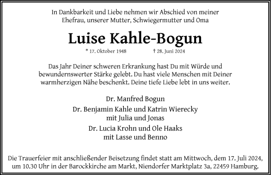 Traueranzeige von Luise Kahle-Bogun von Hamburger Abendblatt