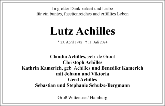 Traueranzeige von Lutz Achilles von Hamburger Abendblatt