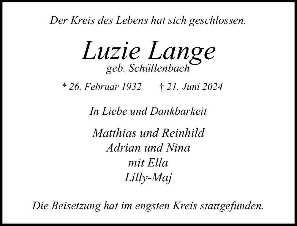  Traueranzeige für Luzie Lange vom 13.07.2024 aus Hamburger Abendblatt