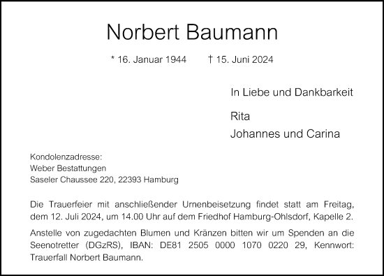 Traueranzeige von Norbert Baumann von Hamburger Abendblatt