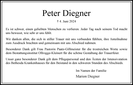 Traueranzeige von Peter Diegner von Bergedorfer Zeitung