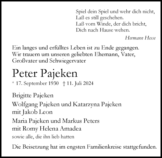 Traueranzeige von Peter Pajeken von Hamburger Abendblatt