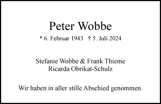 Traueranzeige von Peter Wobbe von Hamburger Abendblatt