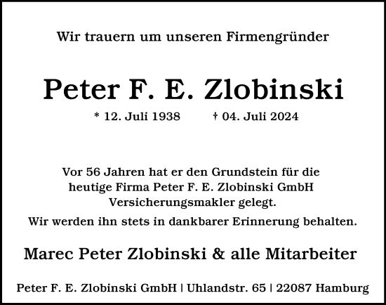 Traueranzeige von Peter Zlobinski von Hamburger Abendblatt