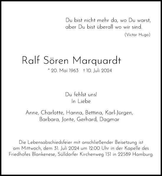 Traueranzeige von Ralf Sören Marquardt von Hamburger Abendblatt