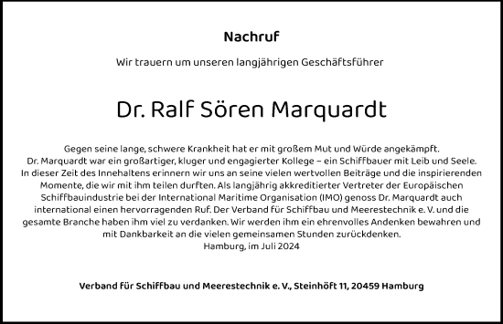 Traueranzeige von Ral Sören Marquardt von Hamburger Abendblatt