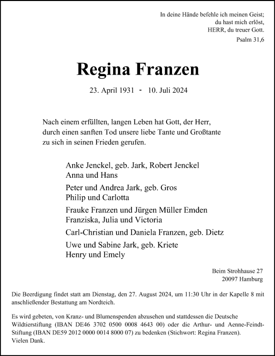 Traueranzeige von Regina Franzen von Hamburger Abendblatt