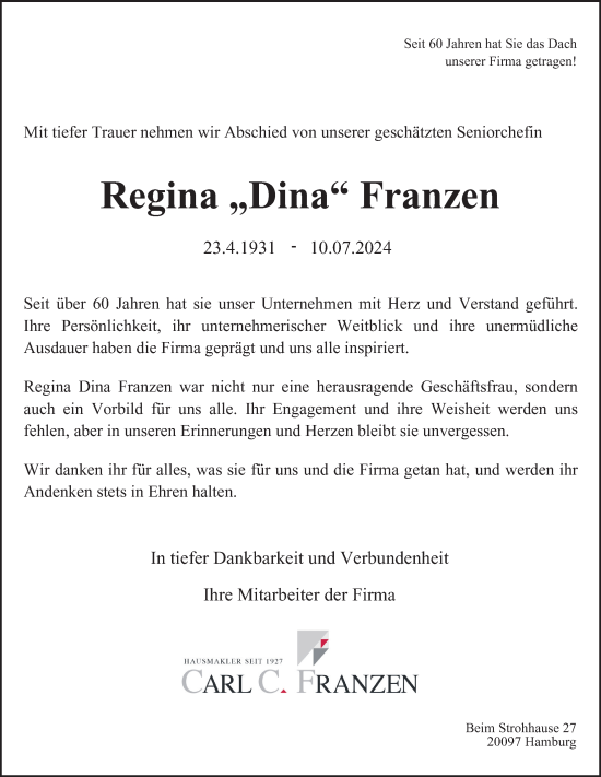 Traueranzeige von Regina Franzen von Hamburger Abendblatt